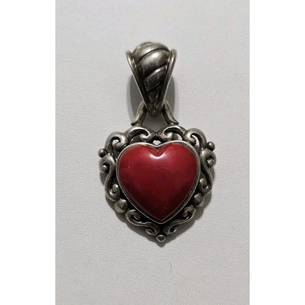Vintage Sterling Silver 925 Scroll Red Stone Heart Pendant - Picture 1 of 6